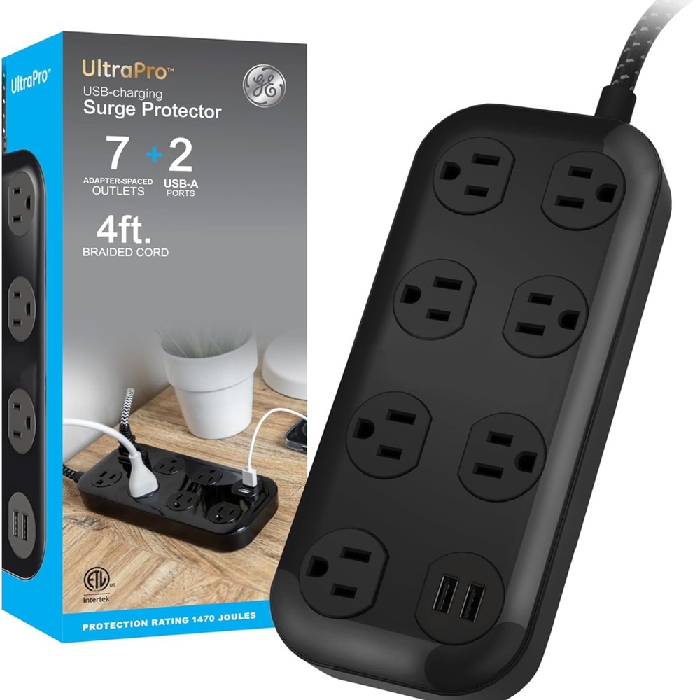 GE Surge Protector Power Strip with 7-Outlet, 2 USB-A, 2.4A, 1470 Joules, Black